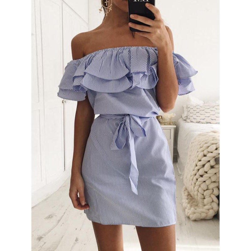 Damen Minikleid Volants Bindegürtel Eveloria