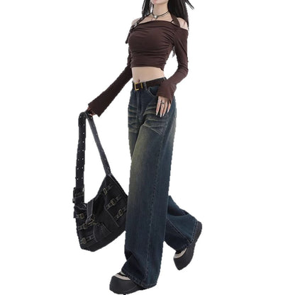 Damen Weite Jeans Hochbund Modische Waschung Eveloria