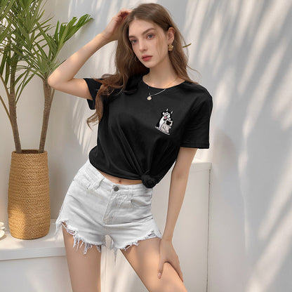 Damen T-Shirt Baumwolle Tiermuster Weiß