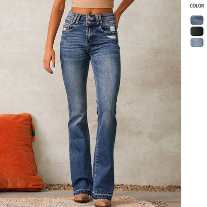 Damen Hochtaillierte Flared Jeans Destroyed Details Blau - Eveloria