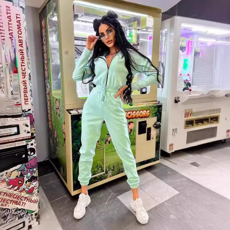 Damen Jumpsuit Bequem Kontrastreißverschluss Schwarz - Eveloria