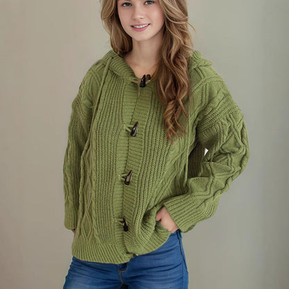 Damen Grobstrick Cardigan mit Zopfmuster und Kapuze Beige
