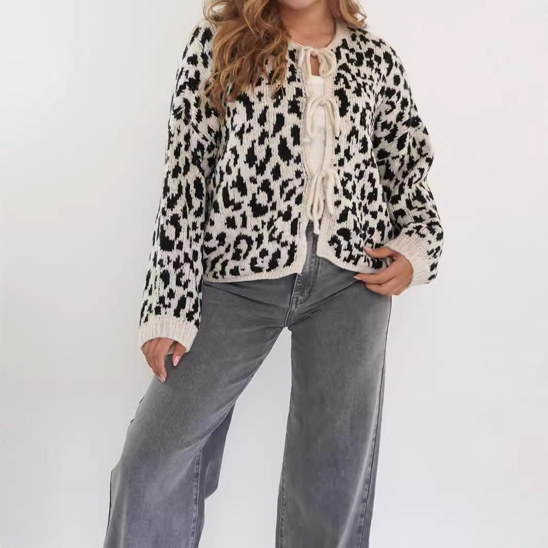 Damen Cardigan Tiermuster Elegant Bindebanddetails