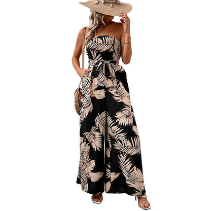 Damen Strapless Jumpsuit Floralem Print Taillengürtel Eveloria