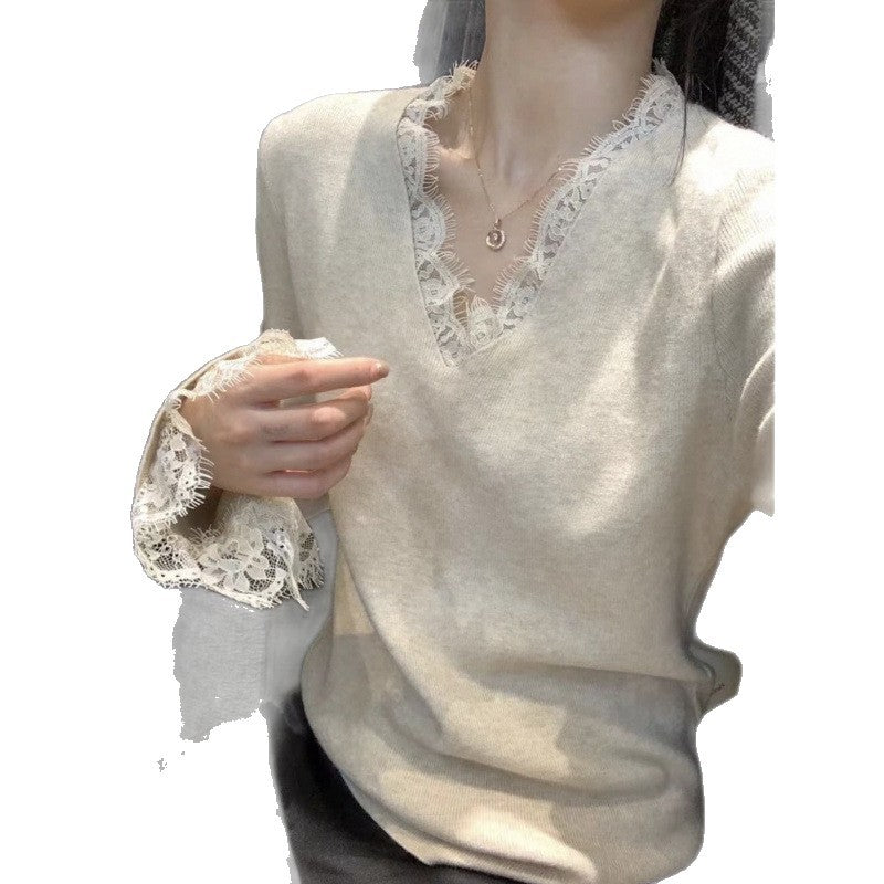 Damen Strickpullover V-Ausschnitt feine Spitze