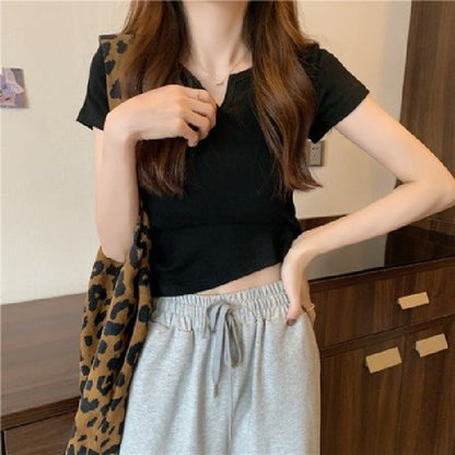 Damen T-Shirt Cropped Baumwolle Figurbetont Dunkelblau