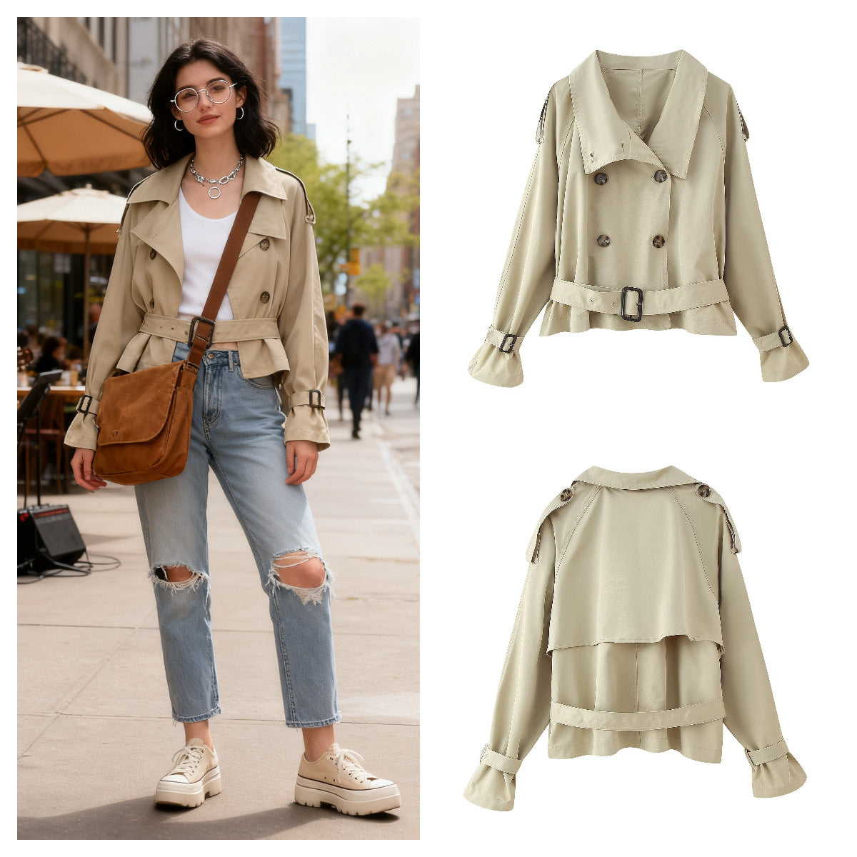 Damen Trenchcoatjacke mit Gürtel und Breitem Revers Schwarz Eveloria - Eveloria