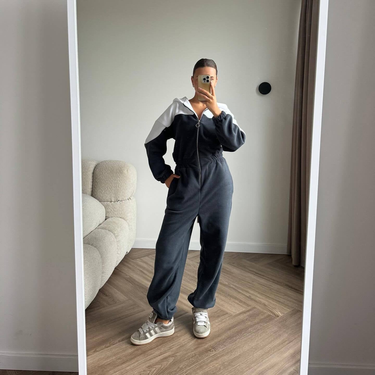 Damen Fleece-Overall mit Kapuze und Reißverschluss