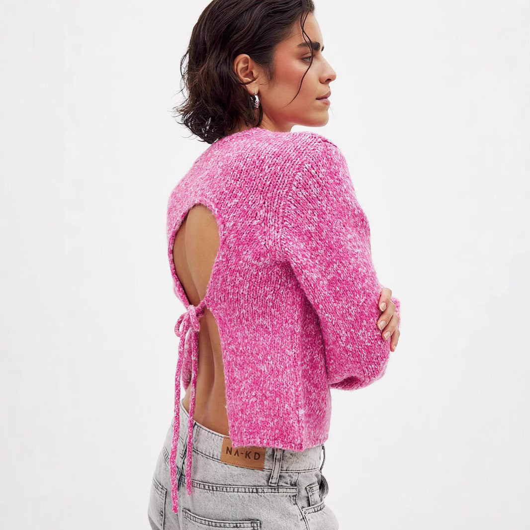 Damen Strickpullover Lässig Eleganter Rückenausschnitt Beige - Eveloria