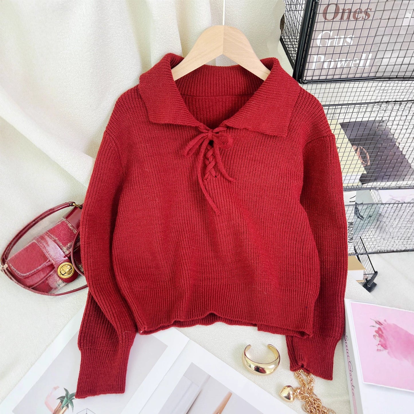 Damen Pullover Polokragen Kordelzug Grau Eveloria