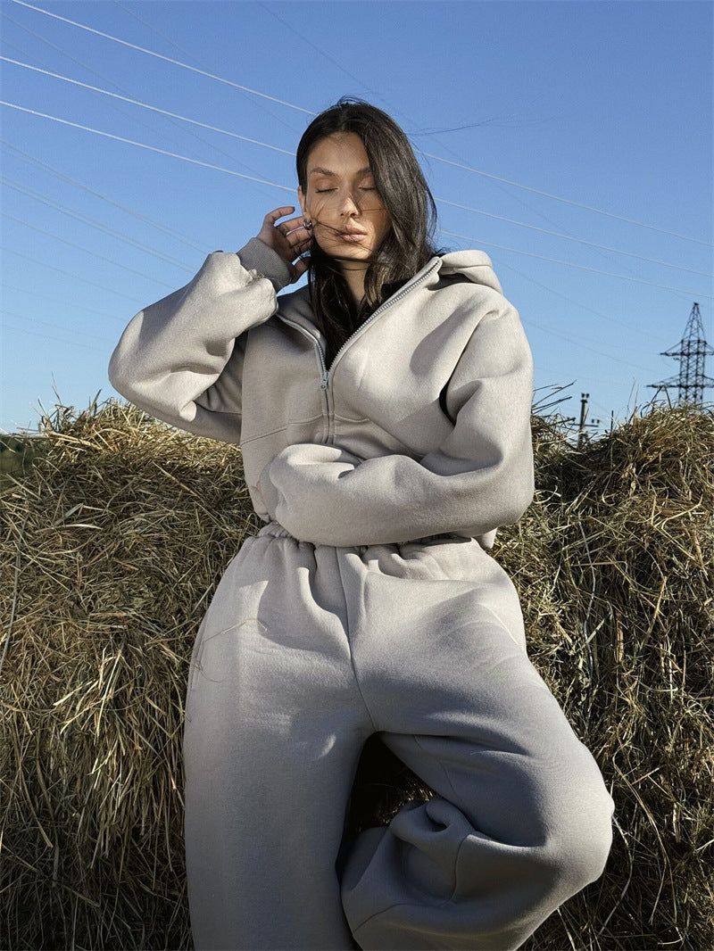 Damen Cropped Sweatjacke und Jogginghose Set Bequem Grau Eveloria