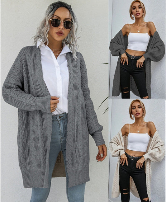Damen Grobstrick-Cardigan Lässig Zopfmuster Beige - Eveloria