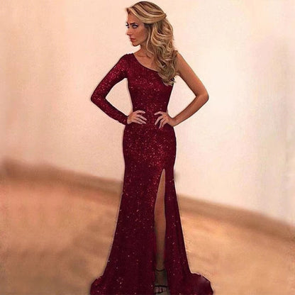 Damen Abendkleid Glitzernd Asymmetrisch Hoch Beinschlitz