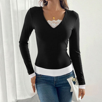Damen Langarmshirt V-Ausschnitt mit Untertop Eveloria