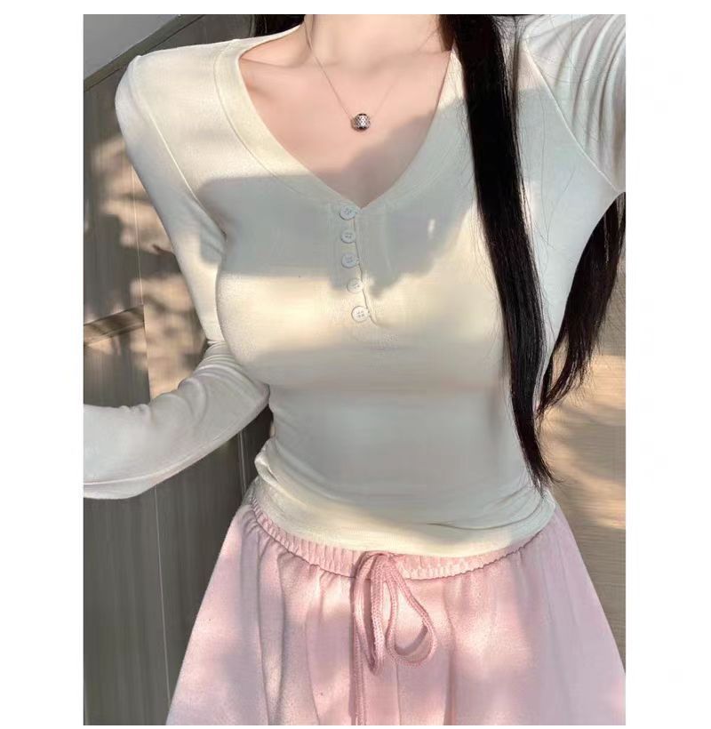 Damen Langarmshirt Elegante Knopfleiste Weiß