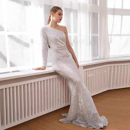 Damen Abendkleid Asymmetrischer Schnitt Glitzernd Eveloria