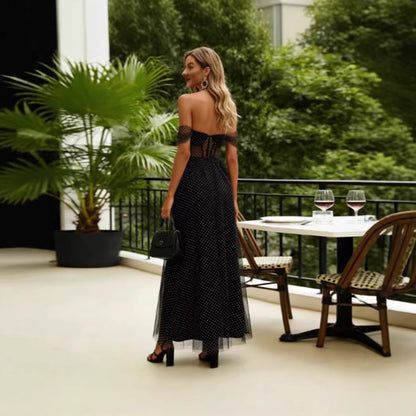 Damen Maxikleid Schulterfrei mit Pünktchenmuster und transparenten
