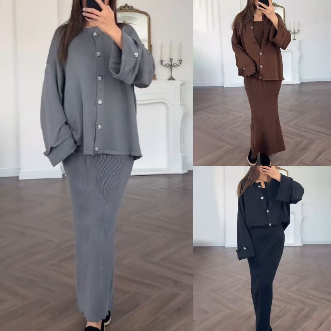 Damen Strickkleid mit Cardigan Überwurf Elegant Schwarz - Eveloria