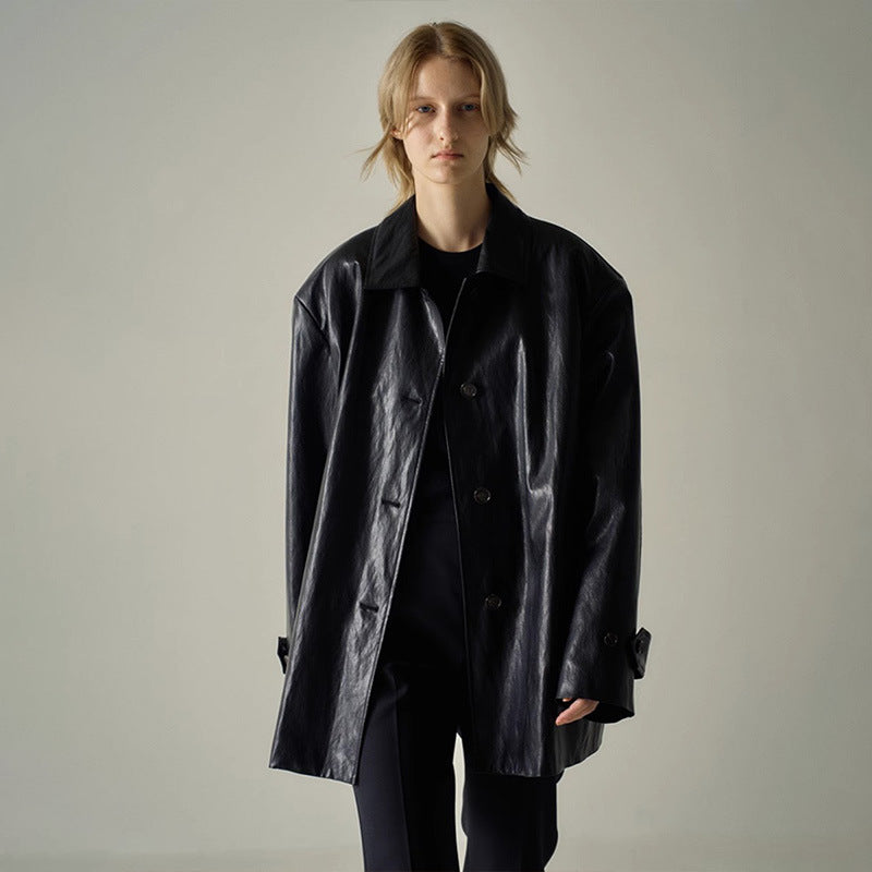 Damen Kunstlederjacke Übergroßer Schnitt Schwarz Eveloria - Eveloria