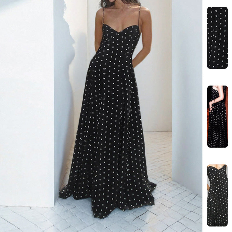 Damen Maxikleid Gepunktet Spaghettiträger Schwarz - Eveloria