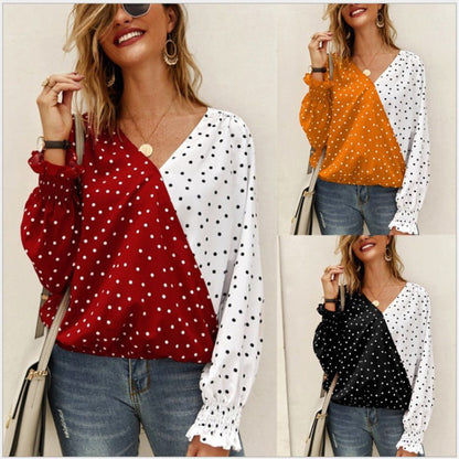 Damen Bluse Asymmetrisches Punkten-Design Elastische Ärmel