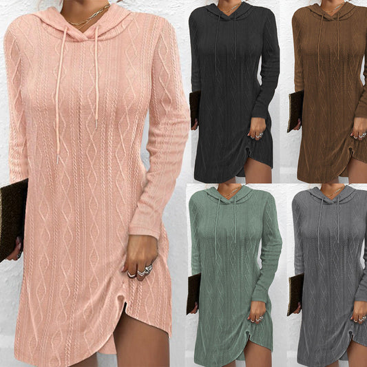 Damen Hoodiekleid Strukturiertes Strickmuster Seitlicher Schlitz - Eveloria