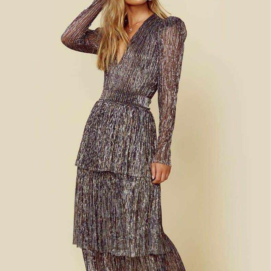 Damen Abendkleid mit V-Ausschnitt schillernde Lagen Eveloria - Eveloria