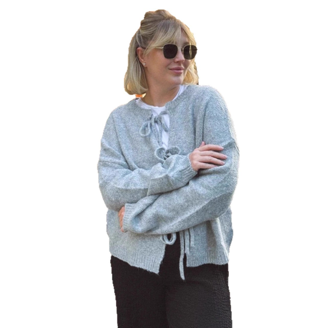 Damen Strickjacke Kuschelig Bändchen Weite Ärmel Beige