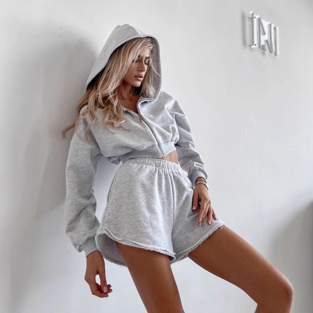 Damen Sportliches Loungewear-Set Cropped Hoodie Lässige Shorts