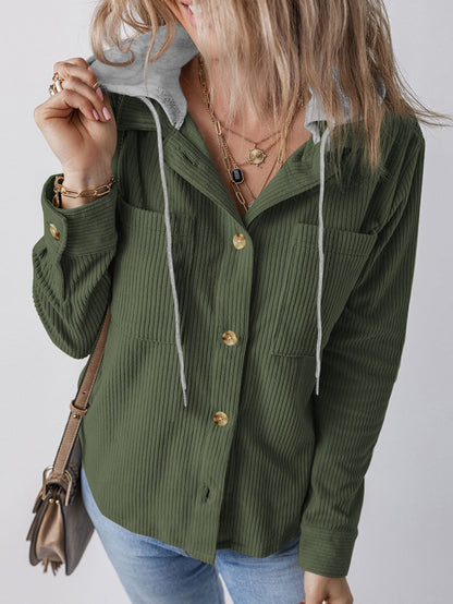 Damen Hemdjacke Gestreift Kapuze Taschen Eveloria