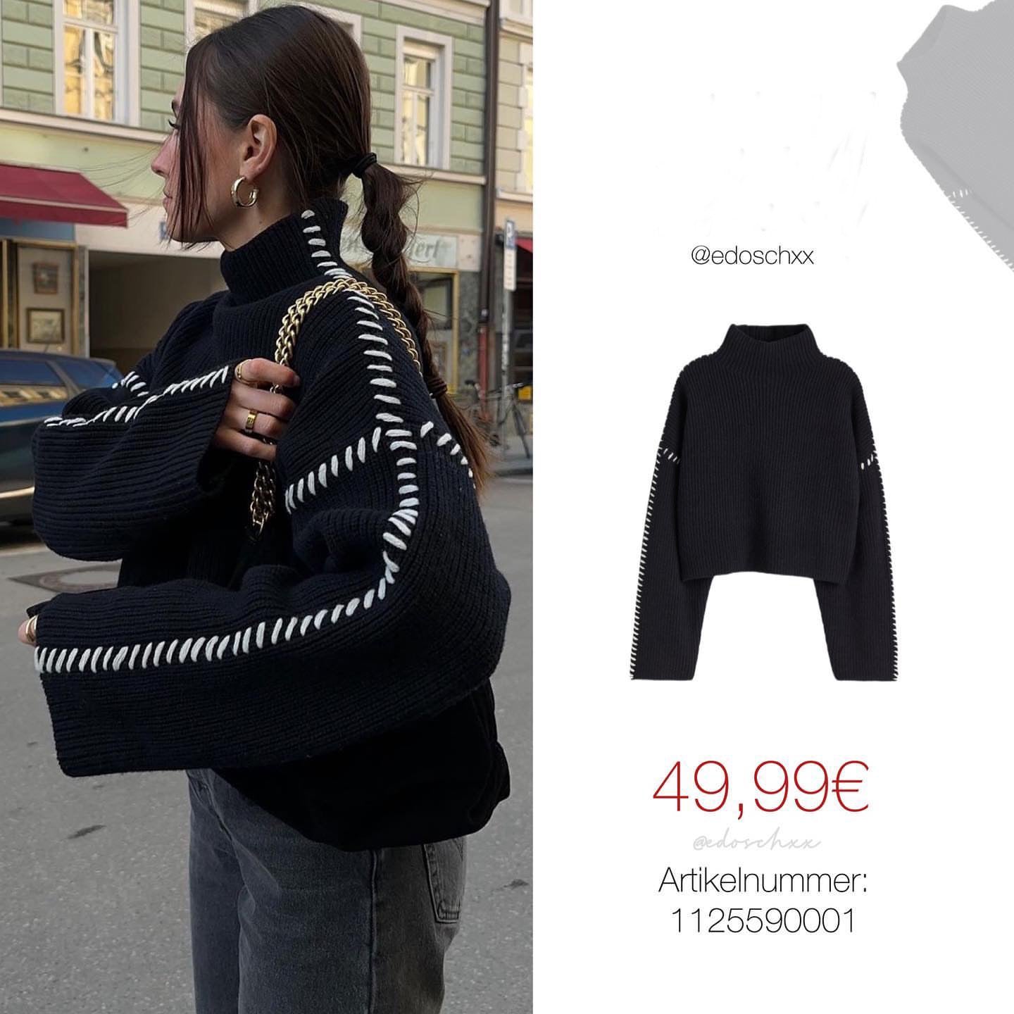 Damen Strickpullover Hochärmelig Kontraststich Schwarz - Eveloria