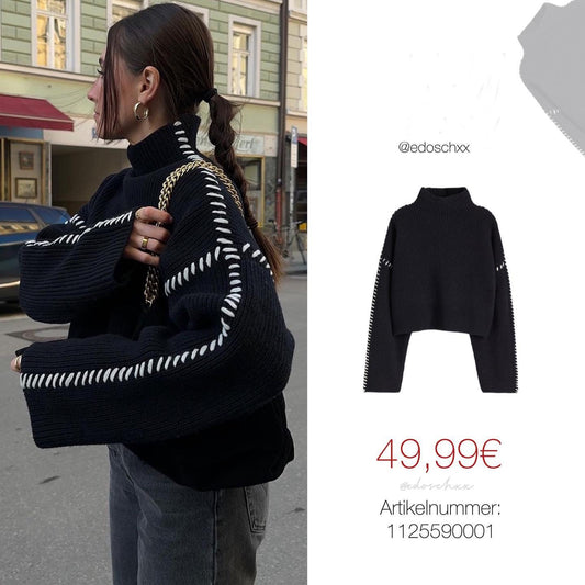 Damen Strickpullover Hochärmelig Kontraststich Schwarz - Eveloria