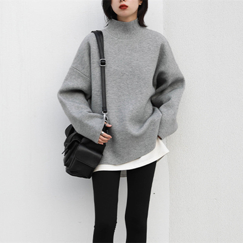 Damen Grobstrickpullover Hochrollkragen Überschnittene Schultern