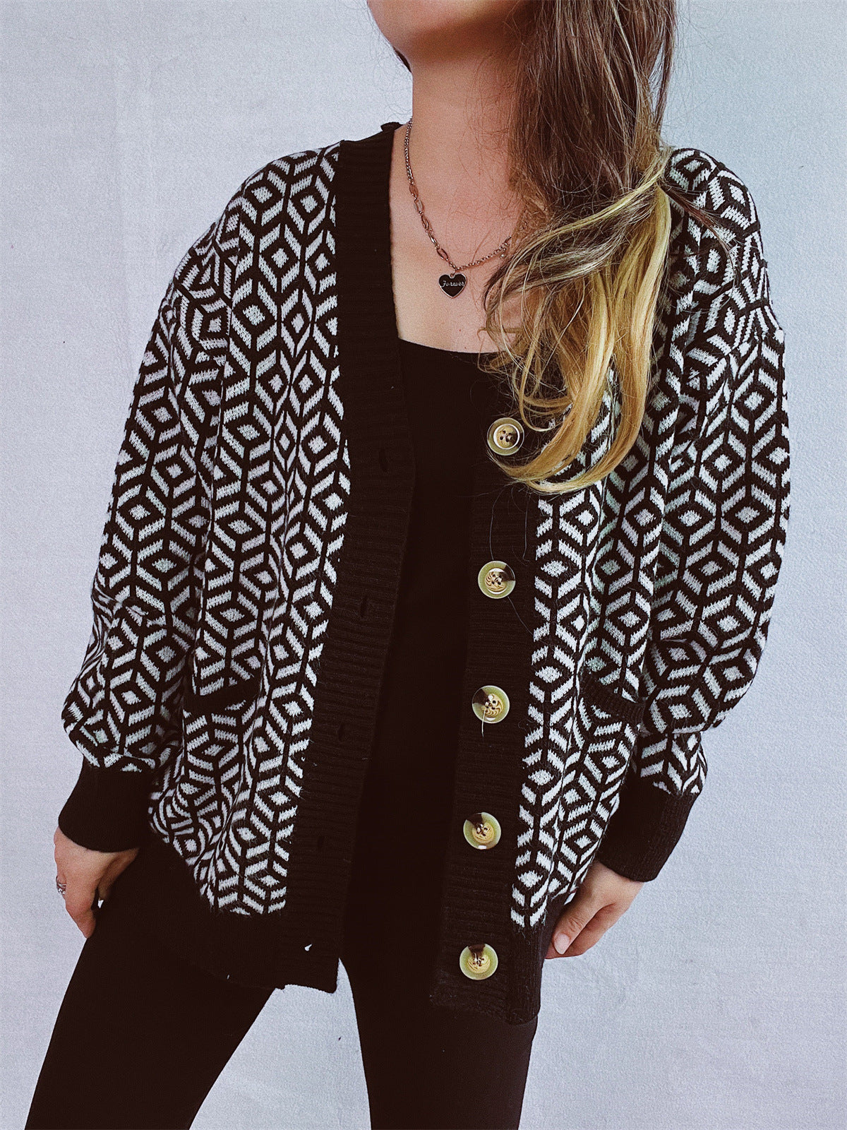 Damen Strickjacke geometrisches Muster Goldton