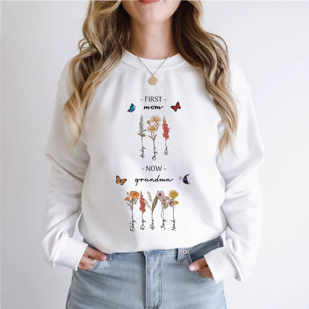 Damen Sweatshirt Floralmuster Mit Schriftzug Beige