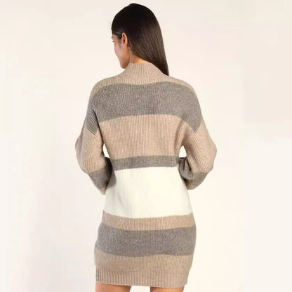 Damen Strickkleid Rollkragen Streifenmuster