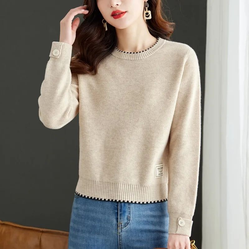 Damen Strickpullover Feine Ribstruktur Modische Knöpfe Eveloria