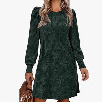 Damen Pulloverkleid Rippstrick Puffärmel Elegant