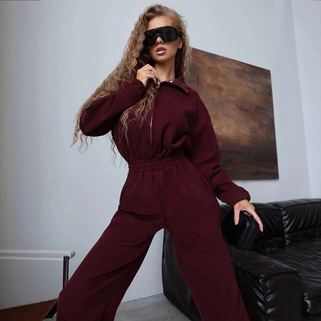 Damen Sportliches Loungewear-Set Stehkragen Weite Hose Eveloria