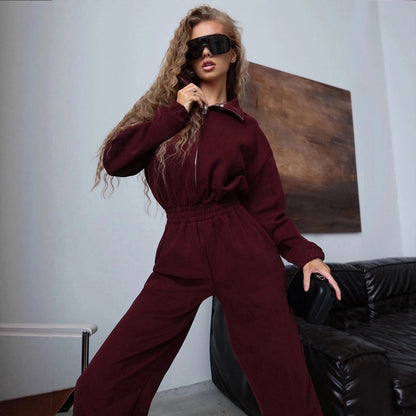 Damen Sportliches Loungewear-Set Stehkragen Weite Hose Eveloria