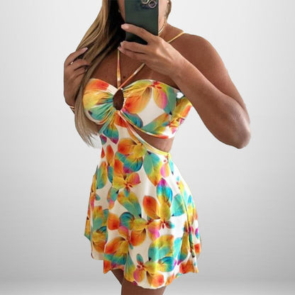 Damen Sommerkleid Floralmuster Cut-Out Ausschnitt - Eveloria