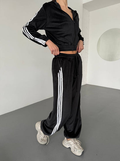 Damen Fleece Sportanzug Cropped Jacke Weite Hose