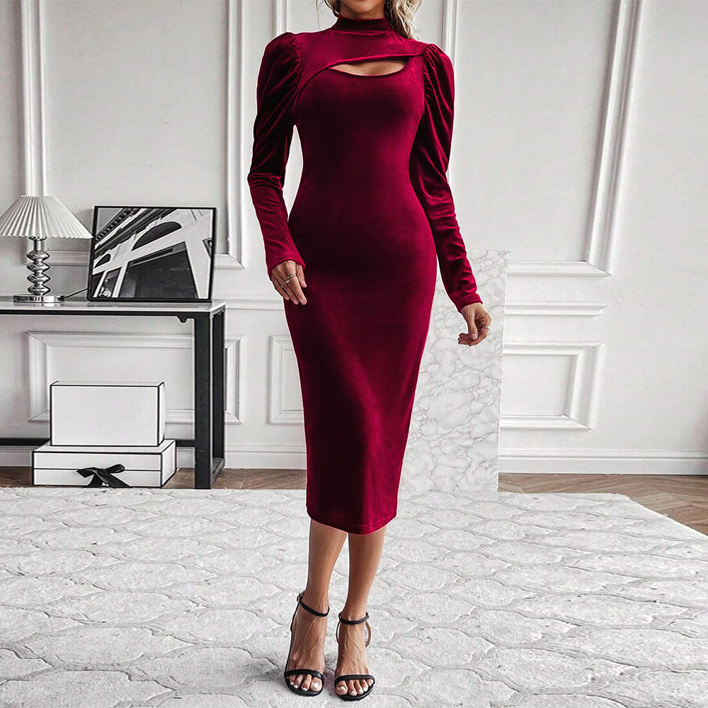 Damen Samt-Kleid Figurbetont Asymmetrischer Ausschnitt