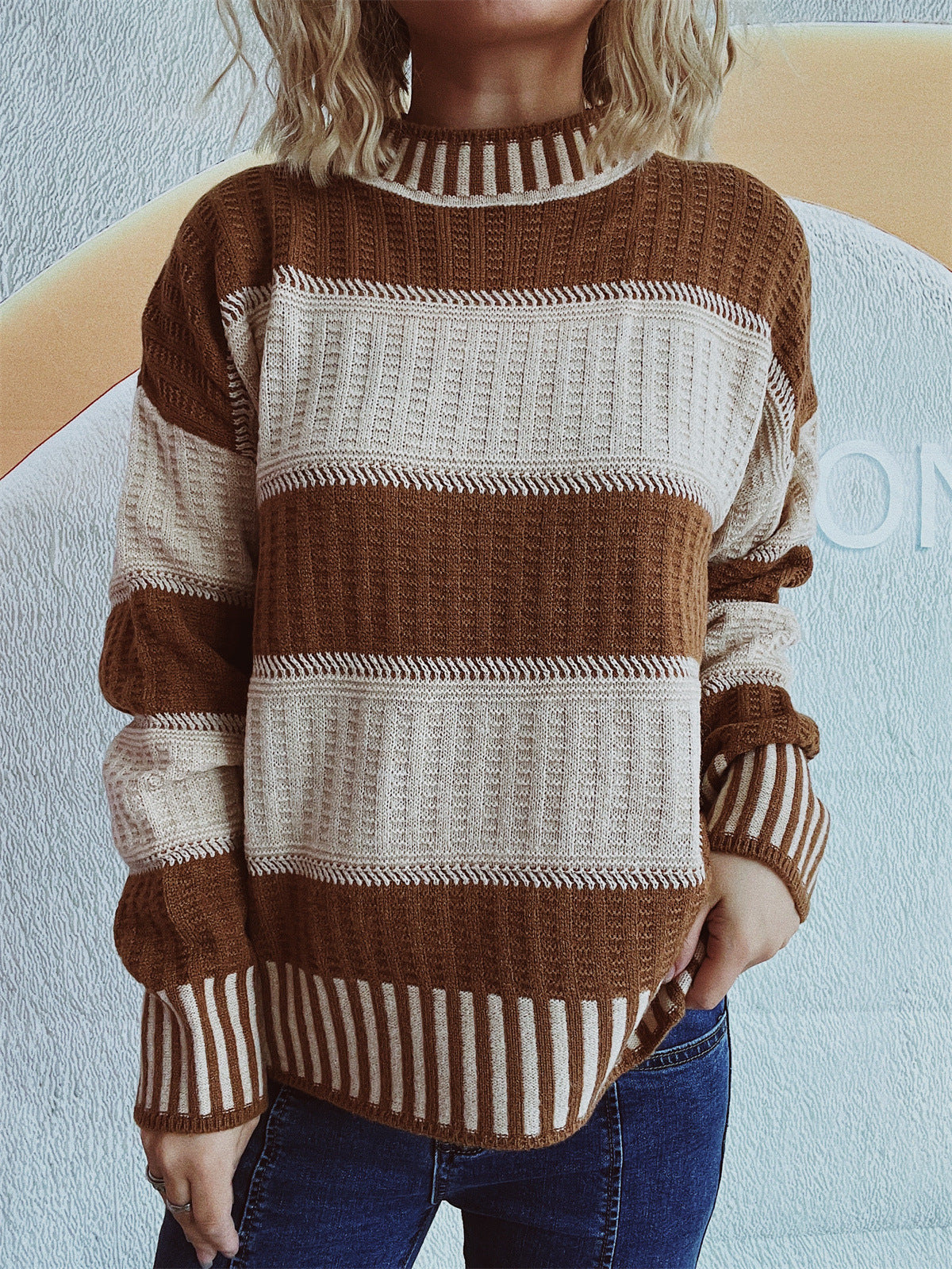 Damen Strickpullover mit Streifenmuster und hohem Bündchen