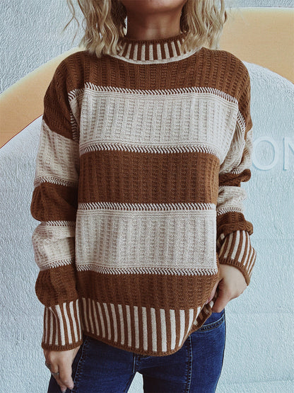 Damen Strickpullover mit Streifenmuster und hohem Bündchen