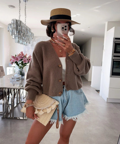 Damen Strickjacke Kuschelig Großknöpfe Lockere Ärmel Beige