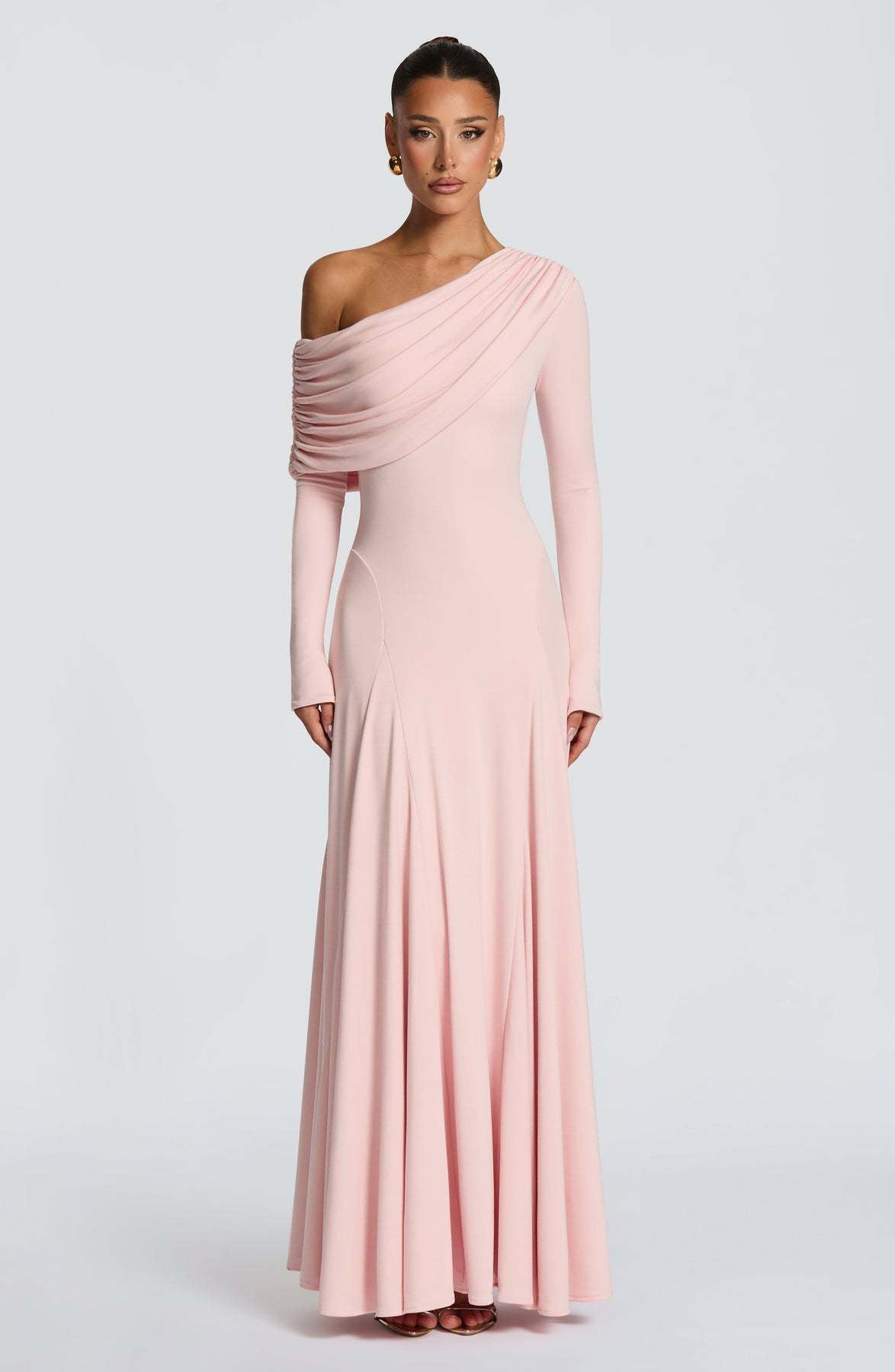 Damen Langarm-Maxikleid Asymmetrisch Drapierung Elegante Abendkleid
