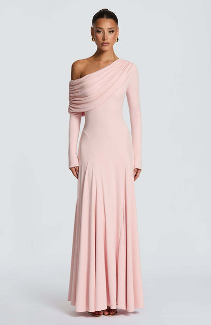 Damen Langarm-Maxikleid Asymmetrisch Drapierung Elegante Abendkleid