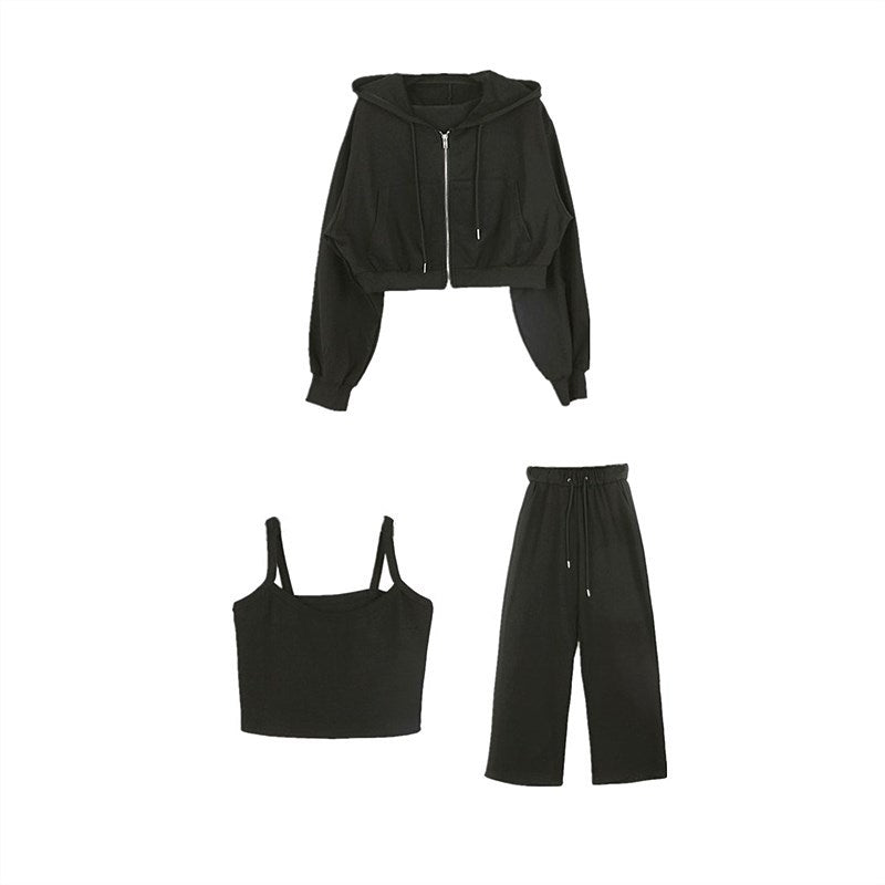 Damen Drei-Teiliges Set Cropped Hoodie Tanktop Weite Hose