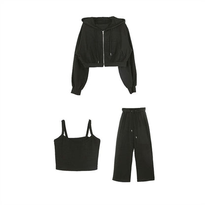Damen Drei-Teiliges Set Cropped Hoodie Tanktop Weite Hose
